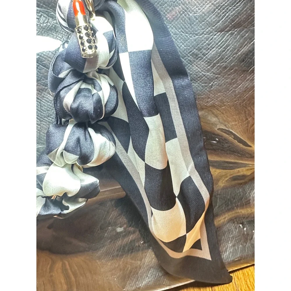 Chic Black Glossy Tote Purse. Functional Carryall with Scarf & Charm Accessories